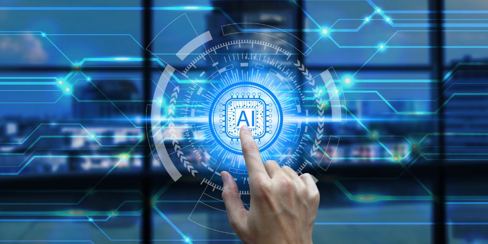 Pessoa interagindo com interface digital futurista que representa inteligência artificial, simbolizando o avanço da adoção de IA nas empresas com apoio da Vibbra.