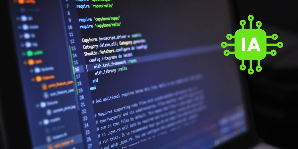 Tela de código com ícone de chip representando IA, simbolizando a aplicação de inteligência artificial no desenvolvimento de software.