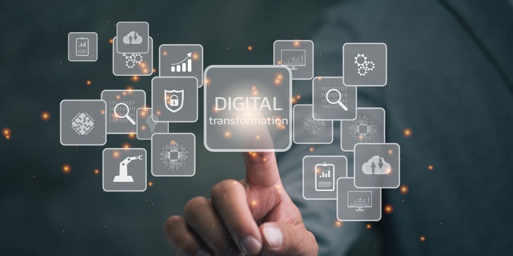 Pessoa interagindo com ícones digitais representando transformação digital e inovação tecnológica.