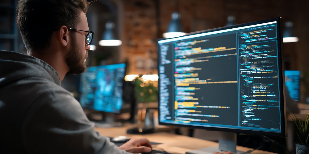 Desenvolvedor trabalha em frente a dois monitores com linhas de código, representando squads cognitivos e automação inteligente.