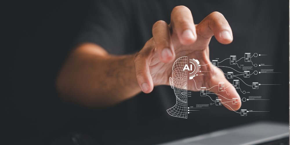 Mão interagindo com interface digital de inteligência artificial, representando estrutura tecnológica, dados e automação nas empresas.