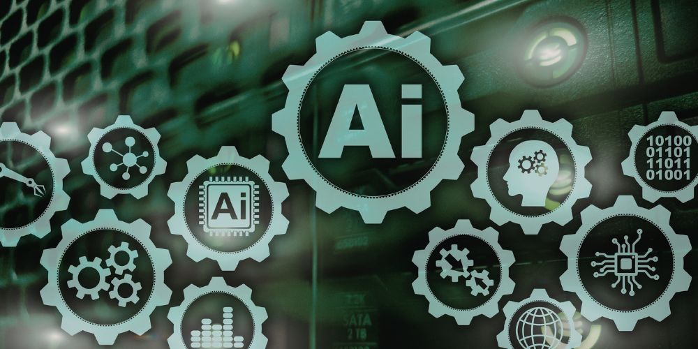Ilustração de inteligência artificial com engrenagens digitais representando squads cognitivos e automação no desenvolvimento de software