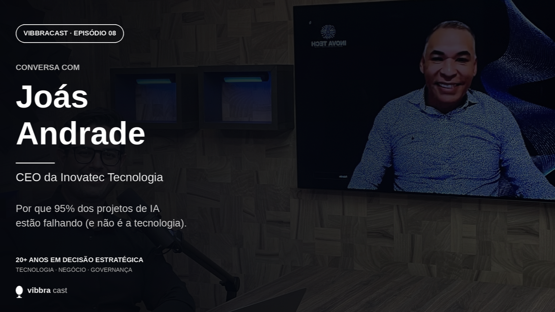 Arte do episódio 08 do Vibbracast com Joás Andrade, CEO da Inovatec Tecnologia, sobre por que 95% dos projetos de IA estão falhando.