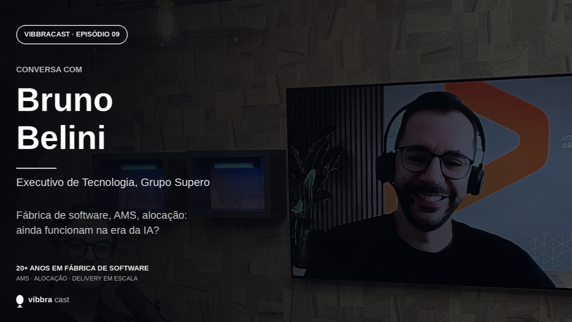 Arte do episódio 09 do Vibbracast com Bruno Belini, executivo de tecnologia do Grupo Supero, sobre o futuro de fábrica de software, AMS e alocação na era da IA.