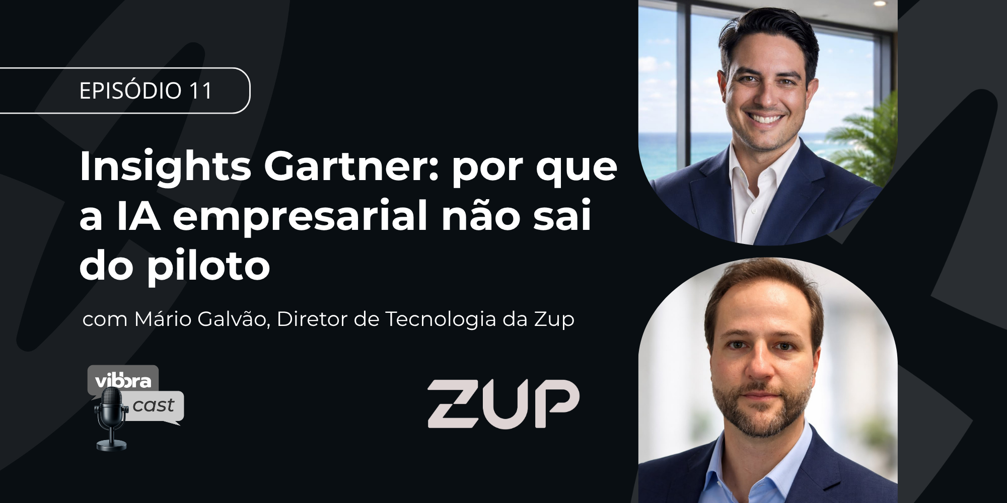 Capa do episódio 11 do Vibbracast sobre os desafios para tirar a IA empresarial da fase de piloto, com Mário Galvão, Diretor de Tecnologia da Zup.