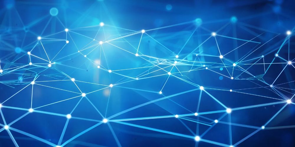 Rede digital azul com pontos luminosos interligados, representando a integração tecnológica no planejamento estratégico 2027.